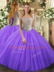 Lavender Tulle Lace Up Quinceanera Gowns Sleeveless Floor Length Beading