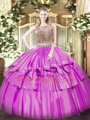 Lilac 15 Quinceanera Dress Military Ball and Sweet 16 and Quinceanera with Beading and Ruffled Layers Scoop Sleeveless Lace Up