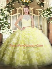 Ideal Sleeveless Tulle Floor Length Zipper Sweet 16 Quinceanera Dress in Yellow with Lace and Ruffled Layers