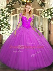 Smart Floor Length Fuchsia Vestidos de Quinceanera Scoop Long Sleeves Lace Up