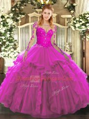 Fuchsia Ball Gowns Scoop Long Sleeves Tulle Floor Length Lace Up Lace and Ruffles Quinceanera Dress