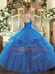 Fuchsia Ball Gowns Scoop Long Sleeves Tulle Floor Length Lace Up Lace and Ruffles Quinceanera Dress