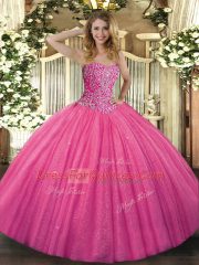 Comfortable Hot Pink Sleeveless Tulle Lace Up 15th Birthday Dress for Military Ball and Sweet 16 and Quinceanera