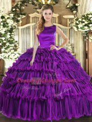 Exceptional Sleeveless Organza Floor Length Lace Up Quince Ball Gowns in Eggplant Purple with Ruffled Layers