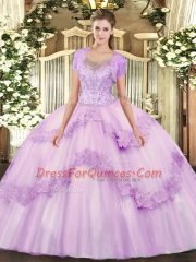 Edgy Lilac Sleeveless Beading and Appliques Floor Length Sweet 16 Dresses