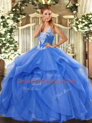 Suitable Ball Gowns 15th Birthday Dress Blue Straps Tulle Sleeveless Floor Length Lace Up