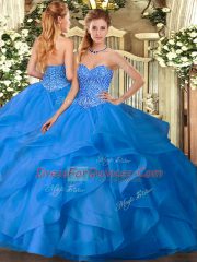 Floor Length Lace Up Ball Gown Prom Dress Blue for Military Ball and Sweet 16 and Quinceanera with Appliques and Ruffles