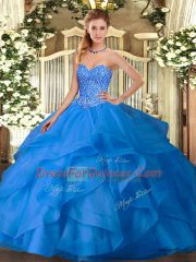 Floor Length Lace Up Ball Gown Prom Dress Blue for Military Ball and Sweet 16 and Quinceanera with Appliques and Ruffles
