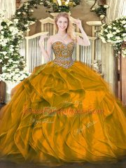 Orange Lace Up Quinceanera Gown Beading and Ruffles Sleeveless Floor Length