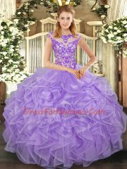 Lavender Ball Gowns Scoop Cap Sleeves Organza Floor Length Lace Up Beading and Appliques and Ruffles Sweet 16 Dress