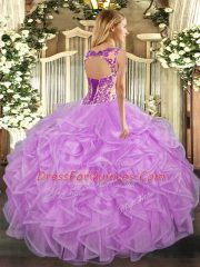 Lavender Ball Gowns Scoop Cap Sleeves Organza Floor Length Lace Up Beading and Appliques and Ruffles Sweet 16 Dress