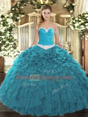Teal Lace Up Sweetheart Appliques and Ruffles Quinceanera Dresses Organza Sleeveless