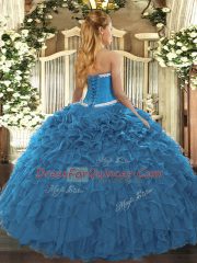 Teal Lace Up Sweetheart Appliques and Ruffles Quinceanera Dresses Organza Sleeveless