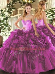 Wonderful Beading and Ruffles Quinceanera Gown Fuchsia Lace Up Sleeveless Floor Length
