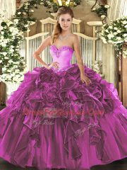 Wonderful Beading and Ruffles Quinceanera Gown Fuchsia Lace Up Sleeveless Floor Length