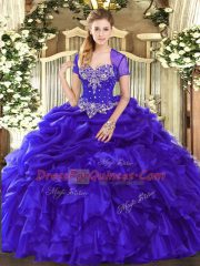 Purple Ball Gowns Organza Sweetheart Sleeveless Beading and Ruffles and Pick Ups Floor Length Lace Up Quince Ball Gowns