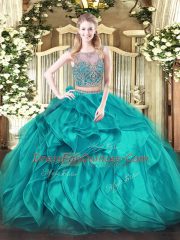 Admirable Scoop Sleeveless Organza 15th Birthday Dress Beading and Ruffles Lace Up