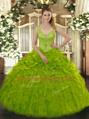Floor Length Olive Green Quinceanera Gowns Organza Sleeveless Beading and Ruffles
