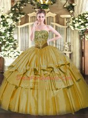 Dazzling Brown Sleeveless Organza and Taffeta Lace Up Quinceanera Dresses for Military Ball and Sweet 16 and Quinceanera