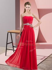 Red Sleeveless Floor Length Beading Lace Up Evening Dress