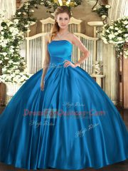 Ball Gowns Quince Ball Gowns Blue Strapless Satin Sleeveless Floor Length Lace Up