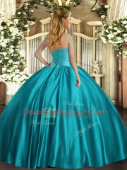 Ball Gowns Quince Ball Gowns Blue Strapless Satin Sleeveless Floor Length Lace Up