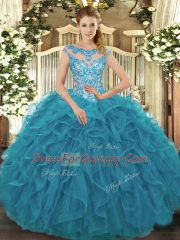Floor Length Teal Quinceanera Gowns Organza Cap Sleeves Beading and Ruffles