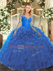 Discount Scoop Long Sleeves Lace Up Sweet 16 Dress Blue Organza