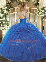 Discount Scoop Long Sleeves Lace Up Sweet 16 Dress Blue Organza