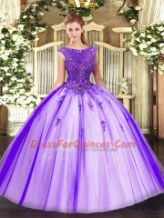 Custom Fit Purple Ball Gowns Scoop Sleeveless Tulle Floor Length Zipper Beading and Appliques 15th Birthday Dress