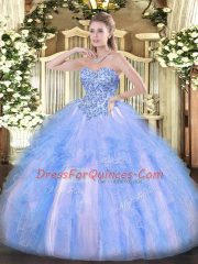 Super Blue And White Lace Up Sweet 16 Dress Appliques and Ruffles Sleeveless Floor Length
