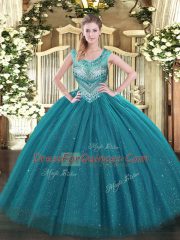 Classical Teal Tulle and Sequined Lace Up Scoop Sleeveless Floor Length Sweet 16 Dresses Beading