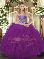 Floor Length Lace Up Vestidos de Quinceanera Fuchsia for Military Ball and Sweet 16 and Quinceanera with Beading and Ruffled Layers