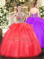Coral Red Lace Up Quinceanera Gown Beading and Ruffles Sleeveless Floor Length