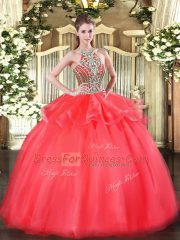 Coral Red Lace Up Quinceanera Gown Beading and Ruffles Sleeveless Floor Length