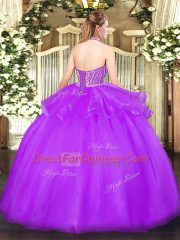 Coral Red Lace Up Quinceanera Gown Beading and Ruffles Sleeveless Floor Length