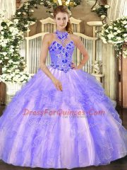 Enchanting Floor Length Lavender Sweet 16 Dress Halter Top Sleeveless Lace Up
