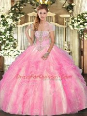 Deluxe Ball Gowns Sweet 16 Quinceanera Dress Rose Pink Strapless Tulle Sleeveless Floor Length Lace Up