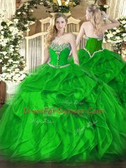 Green Ball Gowns Sweetheart Sleeveless Organza Floor Length Lace Up Beading and Ruffles 15th Birthday Dress