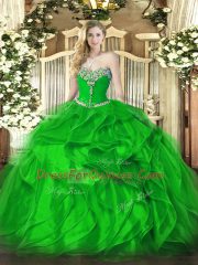 Green Ball Gowns Sweetheart Sleeveless Organza Floor Length Lace Up Beading and Ruffles 15th Birthday Dress