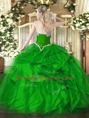 Green Ball Gowns Sweetheart Sleeveless Organza Floor Length Lace Up Beading and Ruffles 15th Birthday Dress