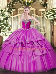 Hot Selling Lilac Ball Gowns Sweetheart Sleeveless Organza and Taffeta Floor Length Lace Up Beading and Ruffled Layers Quince Ball Gowns