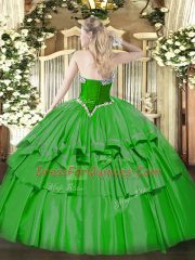 Hot Selling Lilac Ball Gowns Sweetheart Sleeveless Organza and Taffeta Floor Length Lace Up Beading and Ruffled Layers Quince Ball Gowns