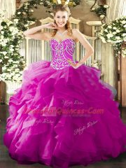 Custom Fit Floor Length Lace Up Quince Ball Gowns Fuchsia for Military Ball and Sweet 16 and Quinceanera with Beading and Ruffles