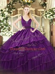Luxurious Floor Length Purple Sweet 16 Dresses Organza and Taffeta Sleeveless Embroidery and Ruffled Layers
