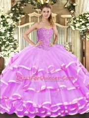 Beading and Ruffled Layers Quinceanera Gowns Lilac Lace Up Sleeveless Floor Length