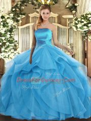 Admirable Baby Blue Sleeveless Tulle Lace Up Sweet 16 Dresses for Military Ball and Sweet 16 and Quinceanera