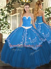 Sweetheart Sleeveless Ball Gown Prom Dress Floor Length Appliques and Embroidery Blue Organza and Taffeta