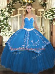 Sweetheart Sleeveless Ball Gown Prom Dress Floor Length Appliques and Embroidery Blue Organza and Taffeta