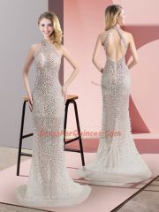 Backless Prom Dress Champagne for Prom and Party with Beading Sweep Train